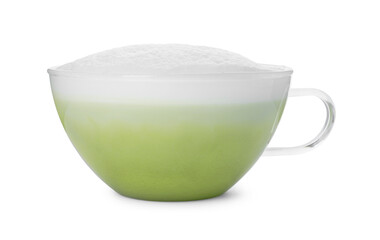 Cup of fresh matcha latte isolated on white