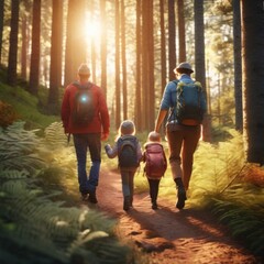 Behind the scenes of a family doing hiking activities in the bright summer.Generative AI
