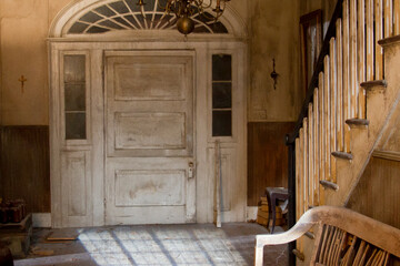 Creepy haunted antique door of plantation.