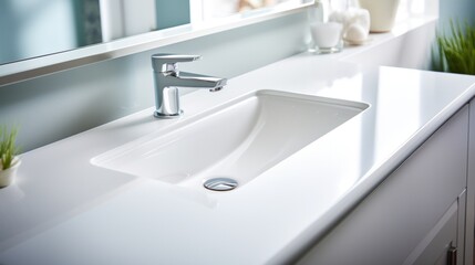 Minimal white sink in modern bathroom interior.