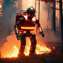 Intelligent AI robots extinguish forest fires in raging forest areas, the AI ​​robot concept mimics human activities.generative AI