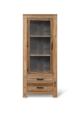 Decorative cupboard made of teak wood with glass doors and two drawers with a white background