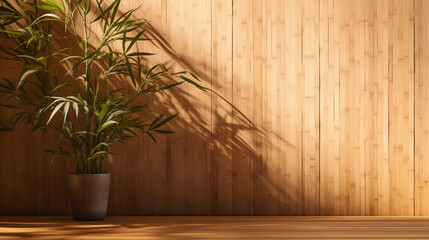 Soft and beautiful foliage dappled sunlight of tropical bamboo tree leaf shadow on brown wooden panel wall with wood grain for luxury product display, interior design decoration background