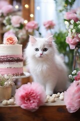 Cute white fluffy kitten of the Turkish Angora or Ragdoll breed. Cat with beautiful blue eyes in sunny day. Festive holiday background with pet, cake and flowers. Spring concept