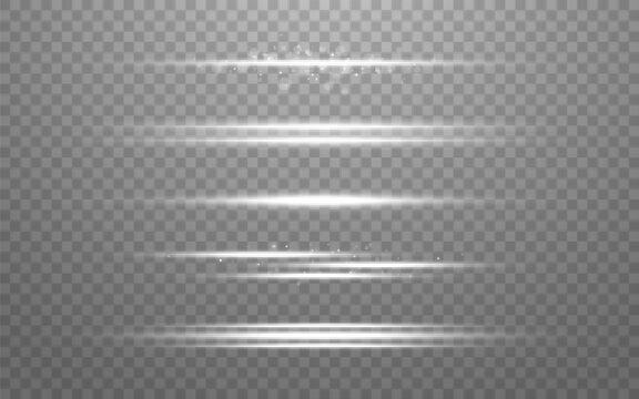 Glow lines. Silver beams set. Horizontal shiny flashes. White light lines collection. Abstract lens flares. Glowing laser beams. White rays effect. Vector illustration