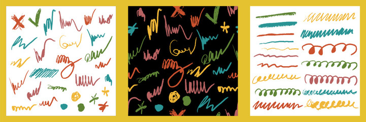 Scribbles set and seamless pattern. Hand drawn colorful pencil curly lines. Marker drawing squiggles, strokes vector illustration. Paint brush sketches. Scrawl textured freehand wallpaper and element