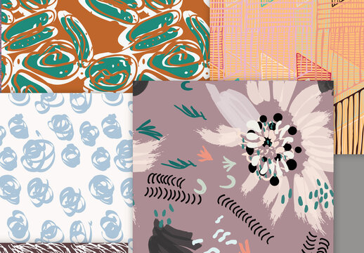Seamless Pattern Collection with Hand Drawn Rough Abstract Strokes and Floral Elements