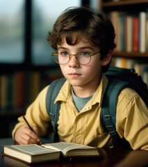 Boy in glasses with pile of books, education concept with children and imagination.generative AI