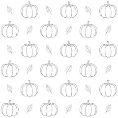 Vector seamless pattern of hand drawn sketch doodle pumpkins and leaves isolated on white background