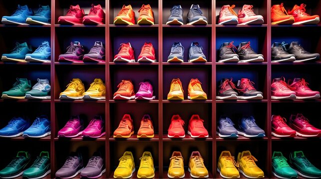 Explore our dazzling array of multi-colored sports shoes, perfectly organized on shelves to fit your active lifestyle. Curated with Generative AI.