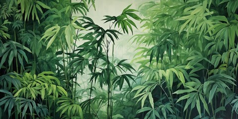illustration of tropical leaves, bamboo, generative AI - obrazy, fototapety, plakaty
