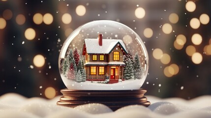 Glass Snowball with trees. Xmas winter Glass snow globe. Christmas banner, web poster. Merry Christmas, Happy New Year. Festive beautiful background