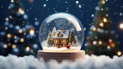 Glass Snowball with trees. Xmas winter Glass snow globe. Christmas banner, web poster. Merry Christmas, Happy New Year. Festive beautiful background