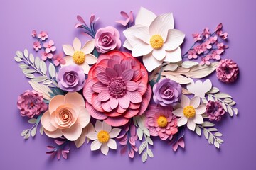 Floral bouquet isolated on purple background. Colorful paper spring flowers and leaves wallpaper. Bright greeting card design for holiday, Mother's day, easter, Valentine's day. Papercraft, quilling