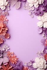 Floral frame on pink background. Colorful paper spring flowers and leaves wallpaper. Border for greeting card design for holiday, Mother's day, easter, Valentine day. Papercraft, quilling