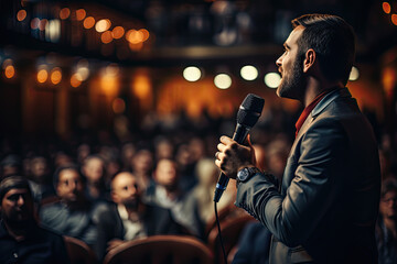 Stand up comedian on stage. Mid age man talks joke into microphone.