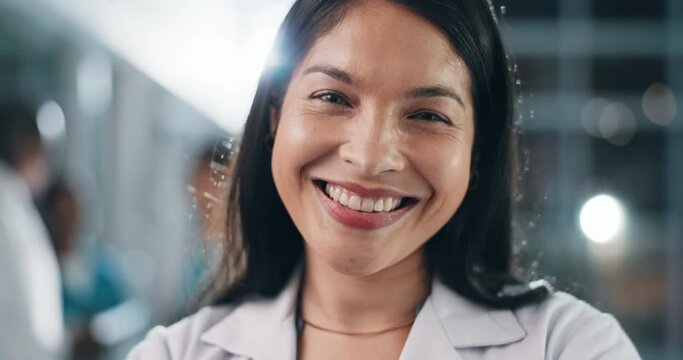 Face, doctor or smile in hospital for trust, help or professional about us in night healthcare and wellness. Happy woman, portrait and closeup or working late expert with medicine confidence or pride