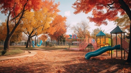 A children's playground with swings and slides in Autumn