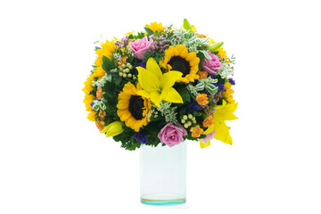 Many kinds of beautiful flowers put in vase on a white background