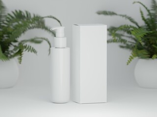 Realistic glossy dispenser bottle for mockup concept with packaging box and editable label on a white background with fern plants as 3d rendering.