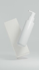 Floating glossy pump container for mockup concept with packaging box with blank space for logo on a plain white background as 3d rendering.