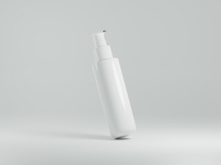 Cosmetic white glossy pump container for mockup concept with copy space for logo, text or design on a plain white background as 3d rendering.