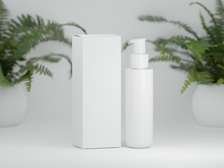 Realistic pump container mockup with packaging box and editable label on a white background with fern plants as 3d rendering. - obrazy, fototapety, plakaty