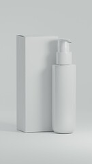 Realistic dispenser bottle mockup with packaging box and editable label on a white background as 3d rendering.