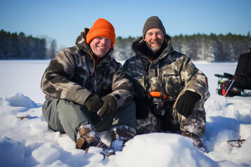 Fototapeta na wymiar Men sitting on a frozen lake while enjoying an ice fishing trip.