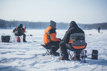 Men sitting on a frozen lake while enjoying an ice fishing trip.