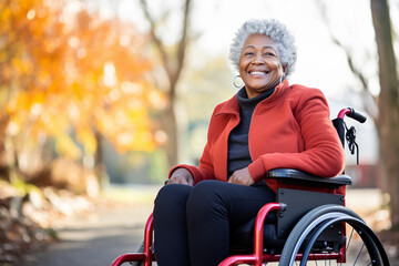 Elderly black female lady sitting in a wheel chair in a urban park. - Powered by Adobe