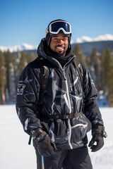 Fototapeta na wymiar African american male dressed up for the ski hill. 