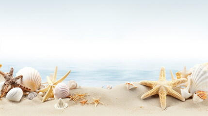 Fototapeta na wymiar shells with corals and starfish on pure white sand