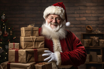 Santa Claus with many presents ready for the christmas season. 