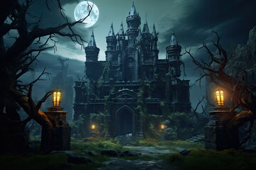 Halloween with pumpkin lantern, forest background, castle