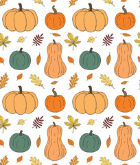 Vector seamless pattern of hand drawn sketch doodle colored pumpkin and leaves isolated on white background