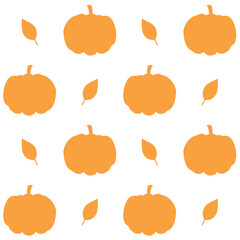 Vector seamless pattern of hand drawn pumpkins and leaves silhouette isolated on white background