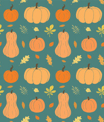 Vector seamless pattern of hand drawn sketch doodle pumpkin and leaves isolated on green background