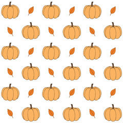 Vector seamless pattern of colored hand drawn sketch doodle pumpkins and leaves isolated on white background