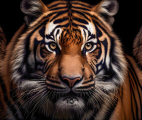 Tiger face close up isolated on black background, wildlife animal