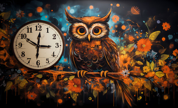 Father time as conceived of as an owl, guarding a confusing clock with flowres