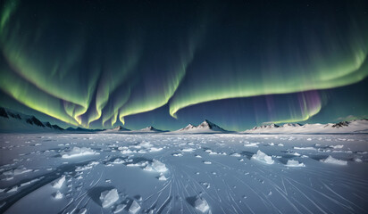 A live-action ai photo of the sky, Iceland aurora, glacier, snow, sky, beauty and wonder coexisting from the snowfield. Generative AI.