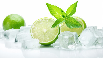 Ice cubes, mint leaves, lime on white background