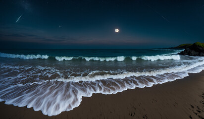 Scenery of night sea, calm atmosphere, moon, breaking waves, night sky, live-action ai scenery of ai.