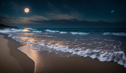 Moon, waves, night sky, live-action ai scenery that shines on the calm night sea. Generative AI.