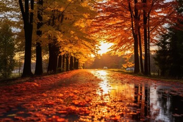 autumn alley in the park in the sunny evening 