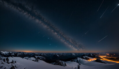 Meteor, blue night sky, meteor shower, Milky Way, lava from snow mountain. Generative AI.