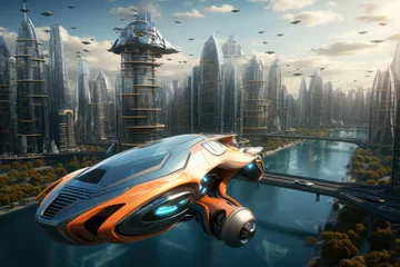 Zelfklevend Fotobehang future flying cars in future city, generative AI © Kien