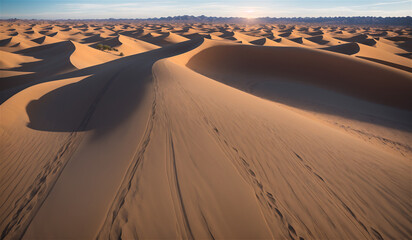 Sun shining on the desert, sand mountains, sunsets, tranquil and magnificent scenery, live-action ai photographs. Generative AI.