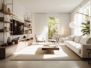 White modern living room with television and decoration. Generative AI